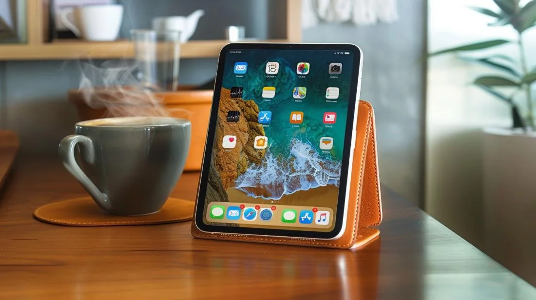iPad Mini 4 cover: ne vale la pena acquistare? 8 Fotografia hiper-realista da iPad Mini 4 con cover estilosa em mesa de madeira moderna.