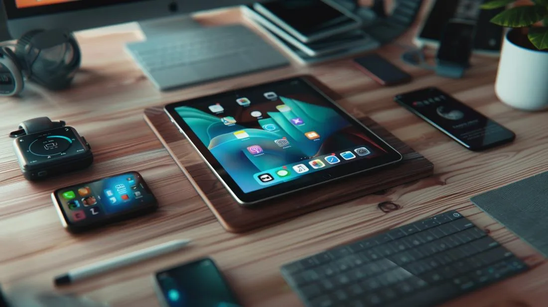Fotografia hiper-realista de um iPad Pro 2015, destacando-se em um cenário tecnológico de 2023.