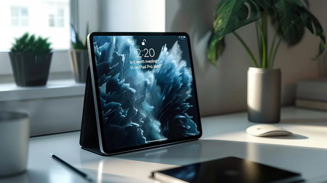 iPad Pro Skin: Ne Vale la Pena Investir? 5 Fotografia hiper-realista de um iPad Pro con skin estilosa em mesa branca minimalista.