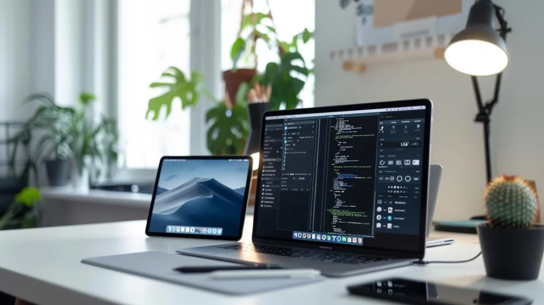 Foto comparativa do iPad Pro 2019 e MacBook Pro 2019 em ambiente moderno.