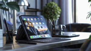 iPad com capa: Qual o melhor modelo para você? 3 Foto hiper-realista de iPad com capa azul elegante em mesa minimalista sofisticada.