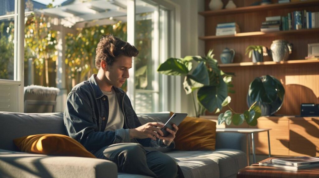 iPad mini usado vale a pena comprar em 2024? 2 Pessoa avaliando cuidadosamente um iPad Mini em uma sala moderna e iluminada.