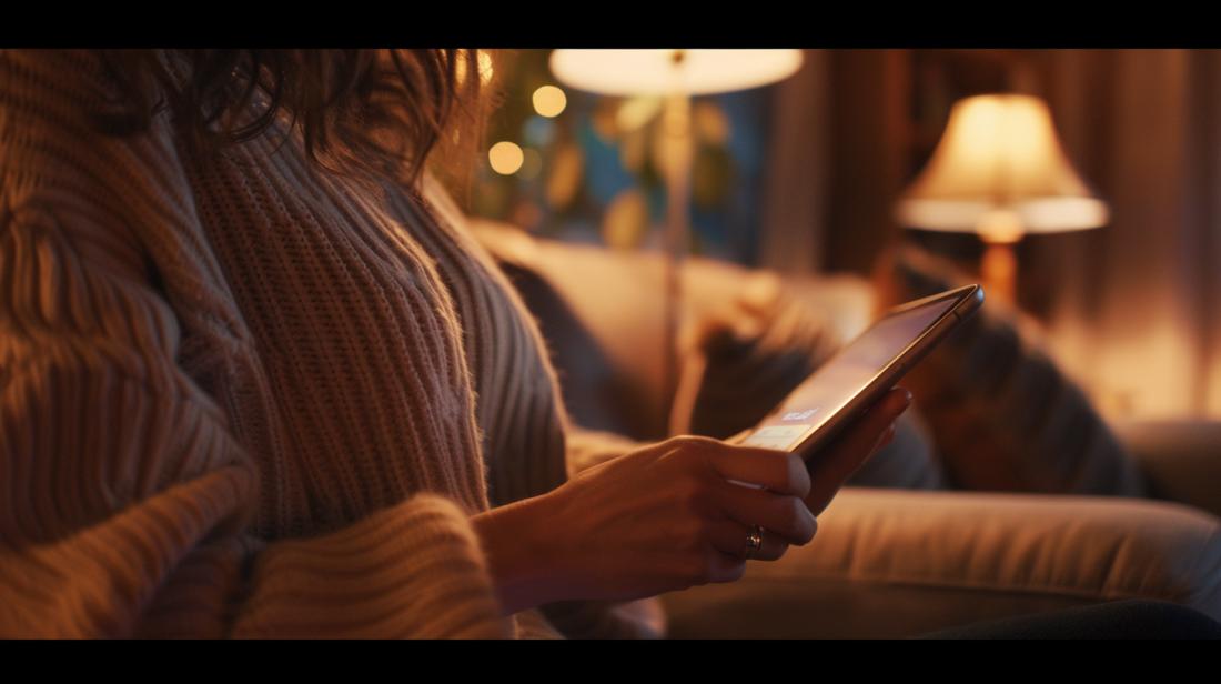 Pessoa com deficiência visual usando iPad com recursos de acessibilidade avançados em sala aconchegante.