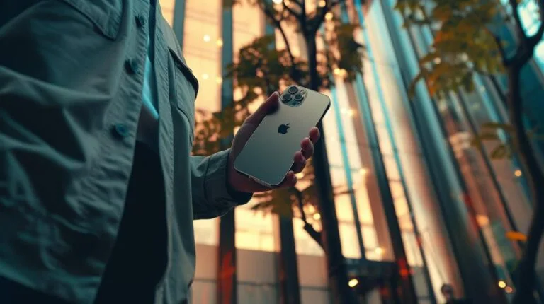 Fotografia hiper-realista do iPhone 13 Pro em um elegante e moderno escritório urbano.