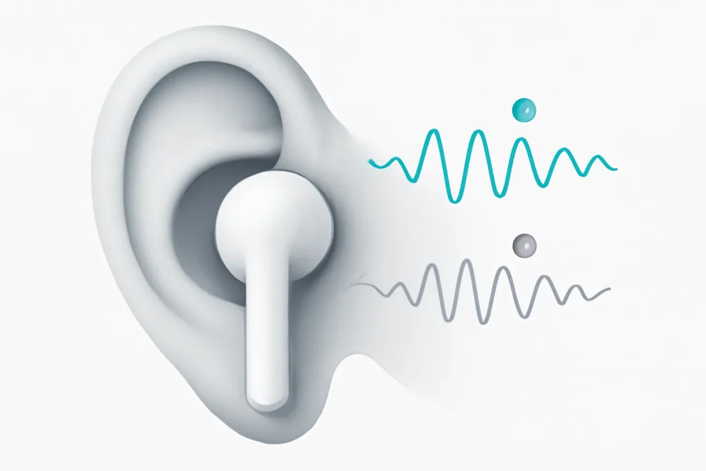 Illustrazione del funzionamento dell'ANC nel confronto tra AirPods Pro 3 e AirPods 4 ANC, con dove sonore e anti-rumore.