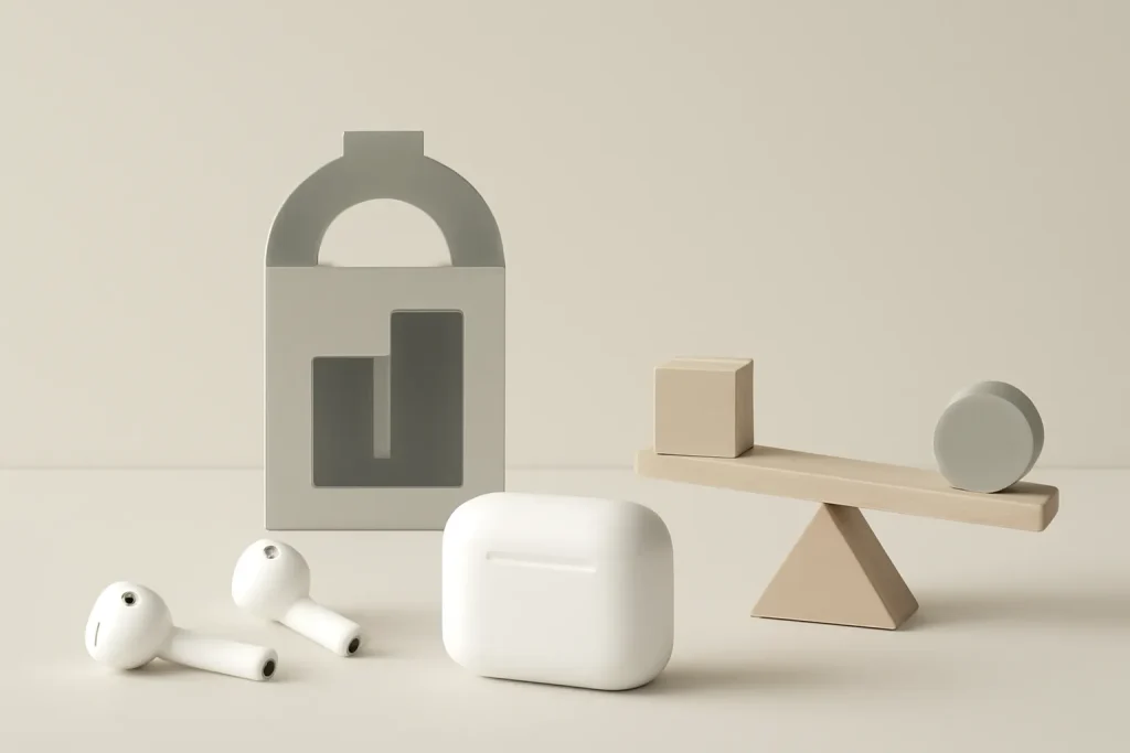 Metafora di autonomia e rapporto qualità-prezzo negli AirPods Pro 3 vs AirPods 4 ANC, con batteria e bilancia astratte.