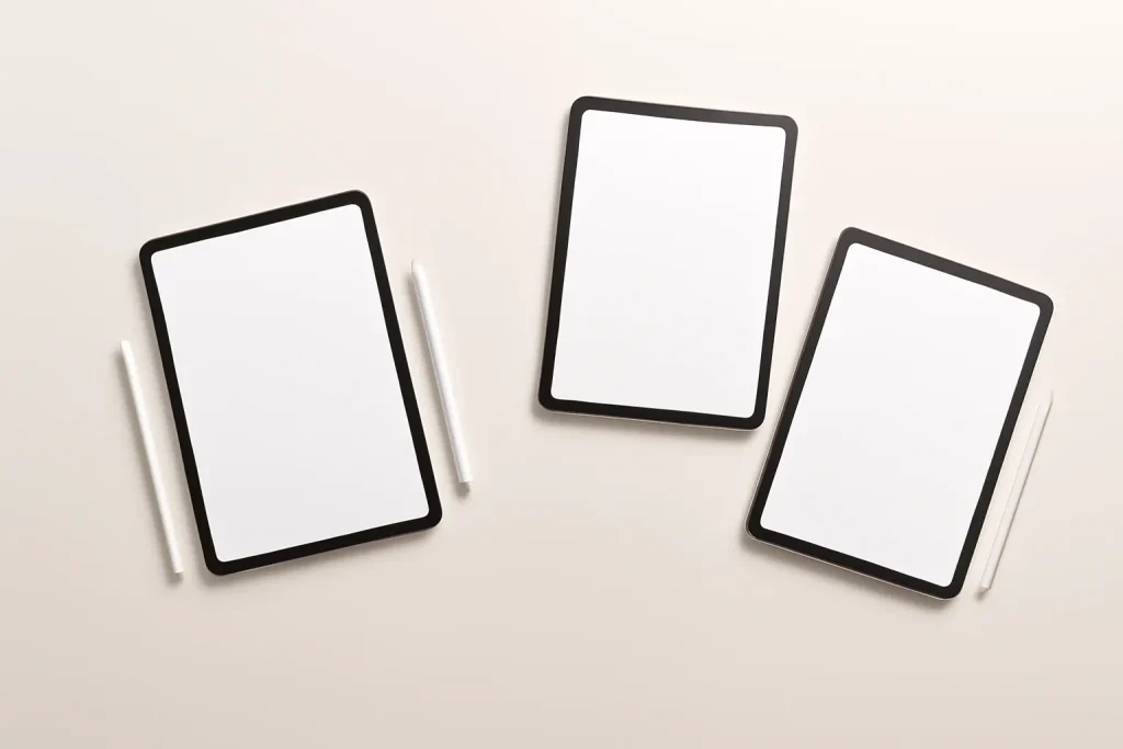 4 alternativas ao iPad Android: 4 tablets com caneta e bom ecrã 2 Composição minimalista com quatro tablets genéricos e canetas, a ilustrar alternativas ao iPad Android.