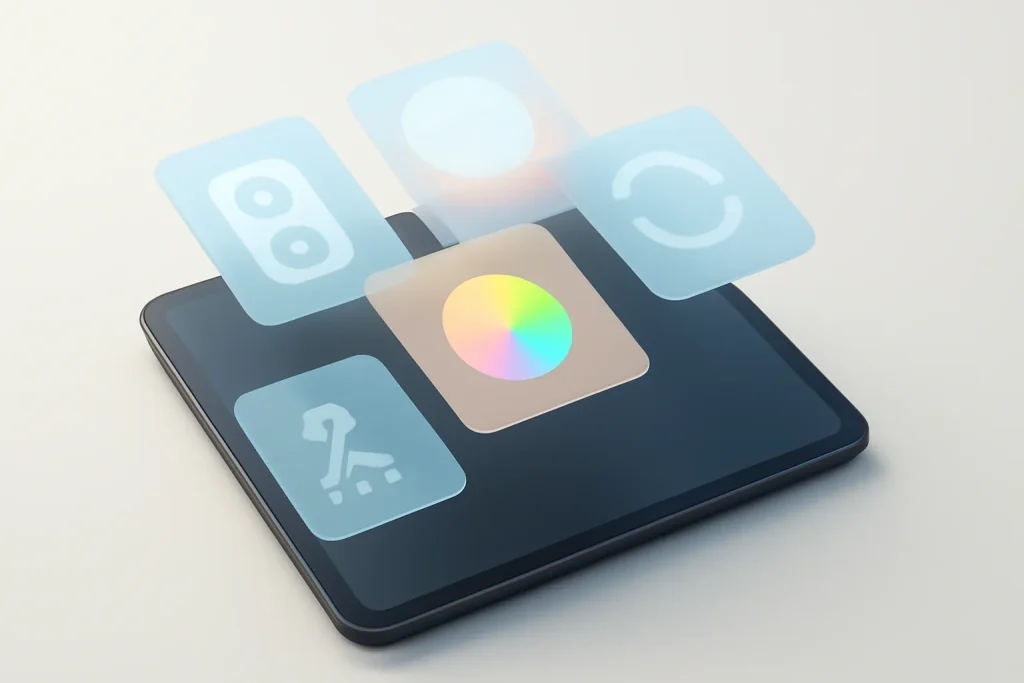 4 alternativas ao iPad Android: 4 tablets com caneta e bom ecrã 3 Ilustração técnica abstrata de ecrã, som, caneta e atualizações em alternativas ao iPad Android.