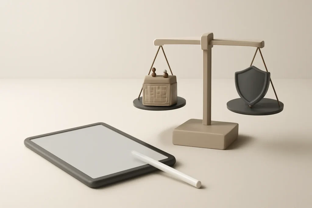 4 alternativas ao iPad Android: 4 tablets com caneta e bom ecrã 4 Metáfora visual de checklist e equilíbrio entre vantagens e compromissos nas alternativas ao iPad Android.