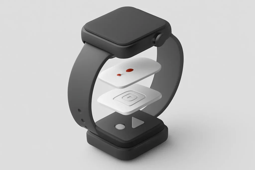 Amazfit Active Max barato: smartwatch de corrida acessível em 2026 3 Exploded view simbólica de sensores e GPS num smartwatch, associada ao Amazfit Active Max barato.