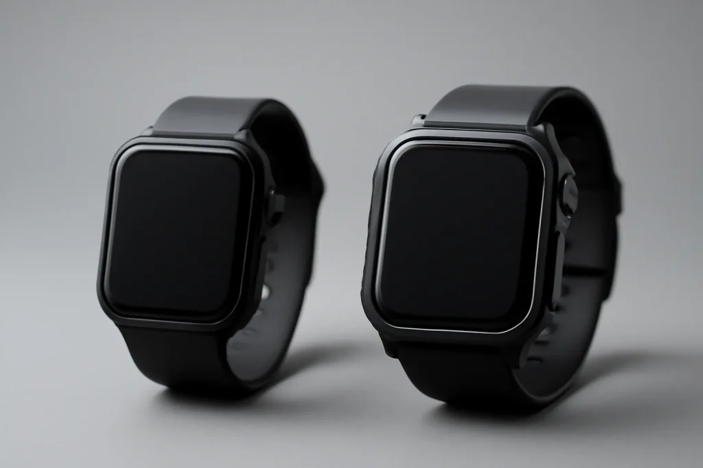 Comparação Apple Watch SE 3 vs Amazfit Active Max representada por dois smartwatches genéricos em fundo minimalista.