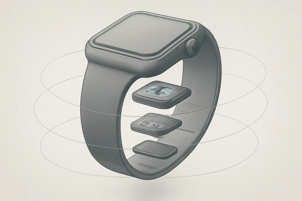 Esquema simbólico de sensores e GPS na comparação Apple Watch SE 3 vs Amazfit Active Max.