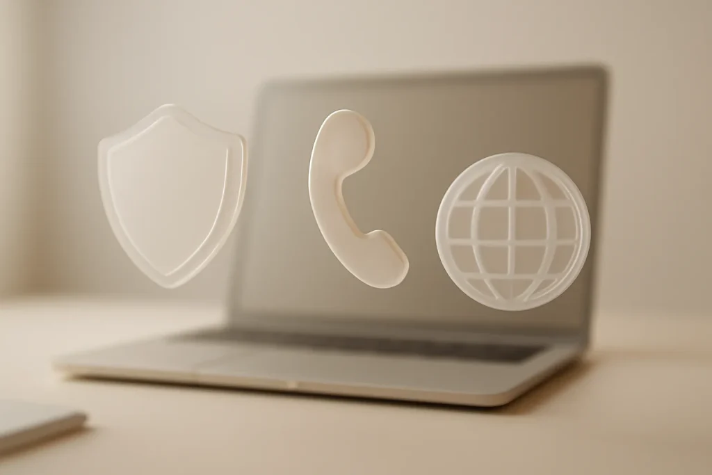 macOS Tahoe: novas funcionalidades de privacidade macOS Tahoe no Safari e chamadas 2 Ilustração simbólica das funcionalidades de privacidade macOS Tahoe: escudo, chamadas e navegação.