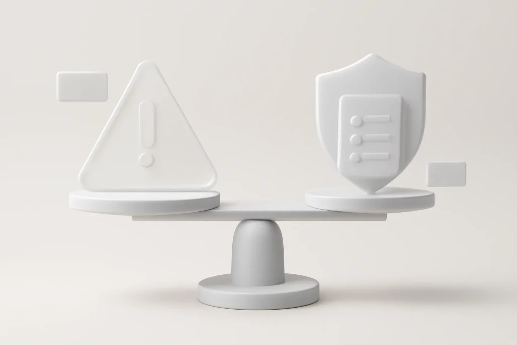 macOS Tahoe: novas funcionalidades de privacidade macOS Tahoe no Safari e chamadas 4 Balança simbólica de risco-benefício nas funcionalidades de privacidade macOS Tahoe, com escudo e controlos.