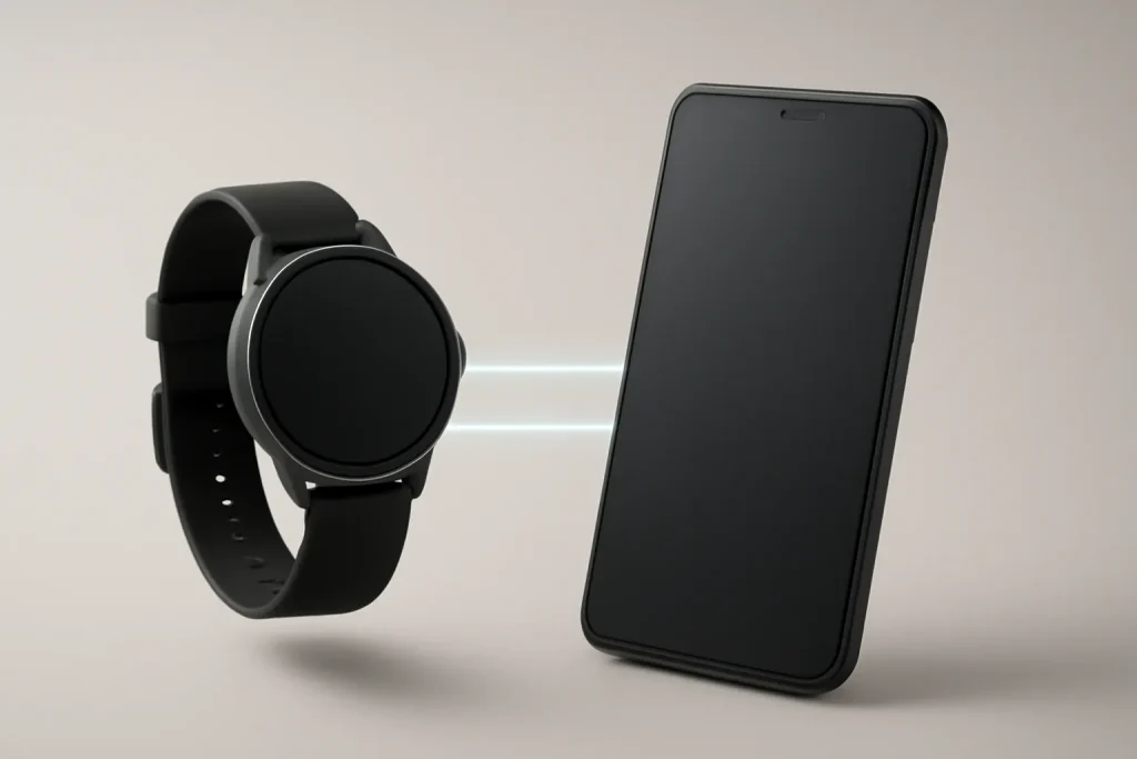 Galaxy Watch 8 sem Samsung: vale a pena para utilizadores Android? 2 Relógio inteligente genérico ligado a um telemóvel Android, simbolizando o Galaxy Watch 8 sem Samsung.