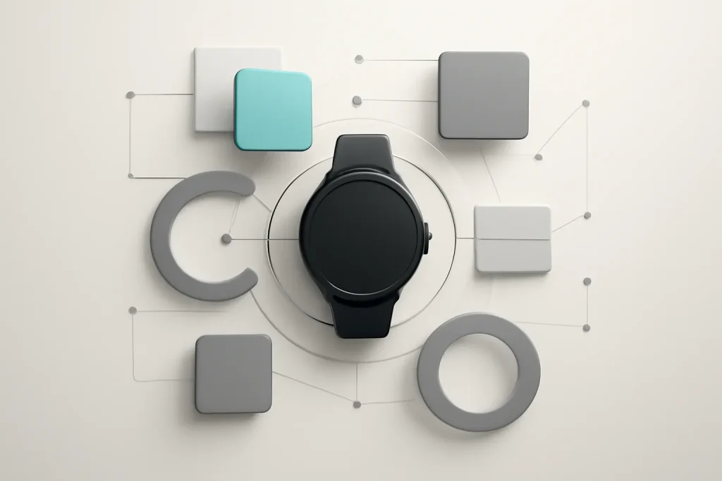 Galaxy Watch 8 sem Samsung: vale a pena para utilizadores Android? 3 Ilustração abstrata de apps e sincronização em Wear OS no Galaxy Watch 8 sem Samsung.