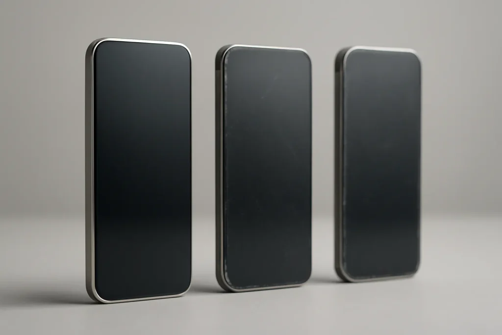 Três dispositivos com diferentes níveis de desgaste visual.