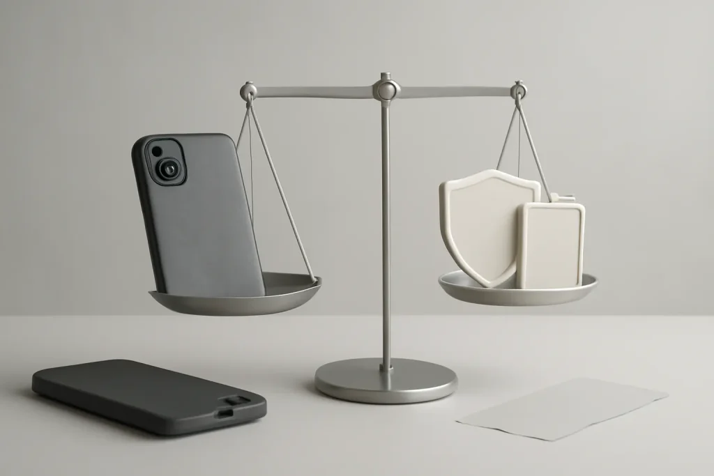 Balança a comparar preço, proteção e condições de compra.