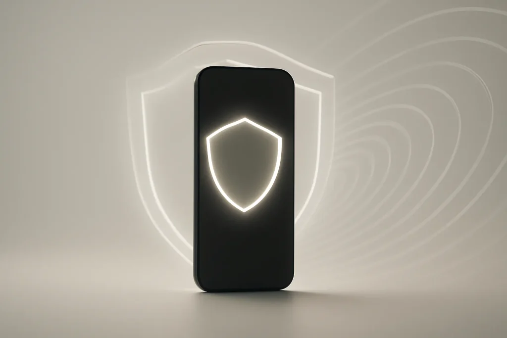 Ilustração simbólica de como usar VPN no iPhone com um “túnel” cifrado e um escudo de proteção.