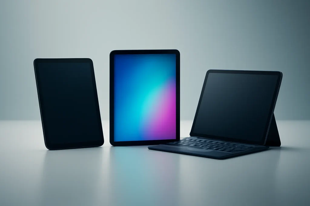 Melhores tablets 2026: iPad, Android e 2‑em‑1 para cada uso 2 Visão geral dos melhores tablets 2026: três formatos (tablet, multimédia e 2‑em‑1) em silhueta.