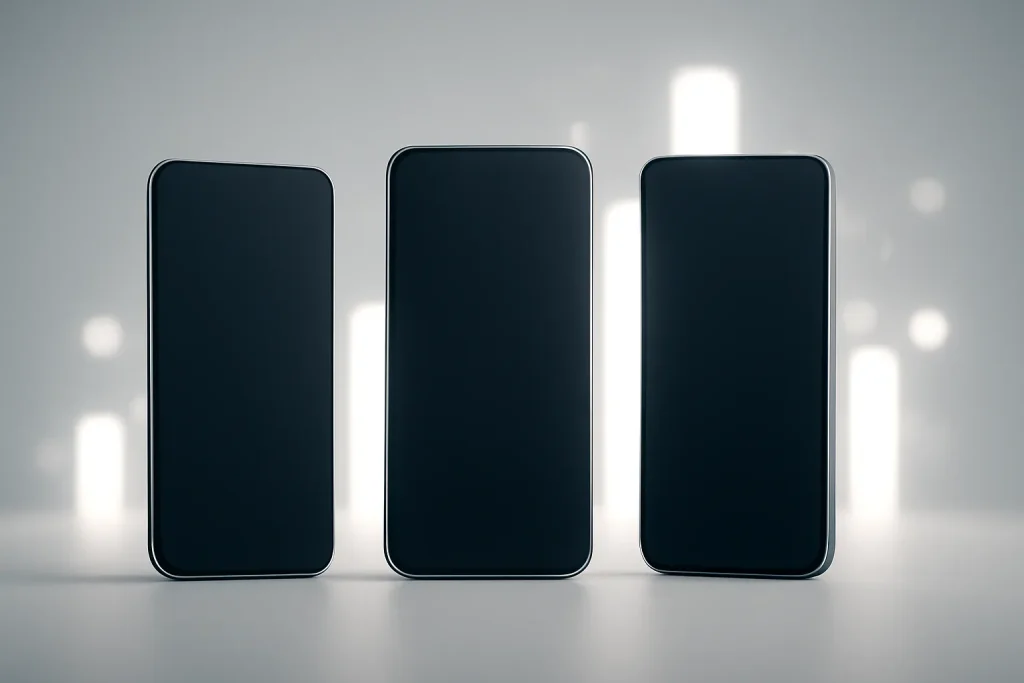 Telemóveis Android mais potentes que o Pixel 10 Pro: guia de compra 2026 2 Composição minimalista de telemóveis Android mais potentes que o Pixel 10 Pro, com silhuetas de smartphones e barras abstratas de desempenho.