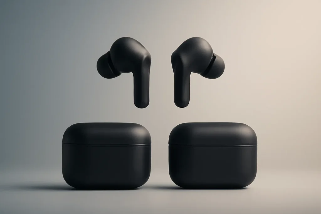Samsung Galaxy Buds 3 FE vs AirPods Pro 3: comparativo 2026 2 Comparação Samsung Galaxy Buds 3 FE vs AirPods Pro 3 com dois auriculares sem marca em fundo minimalista.