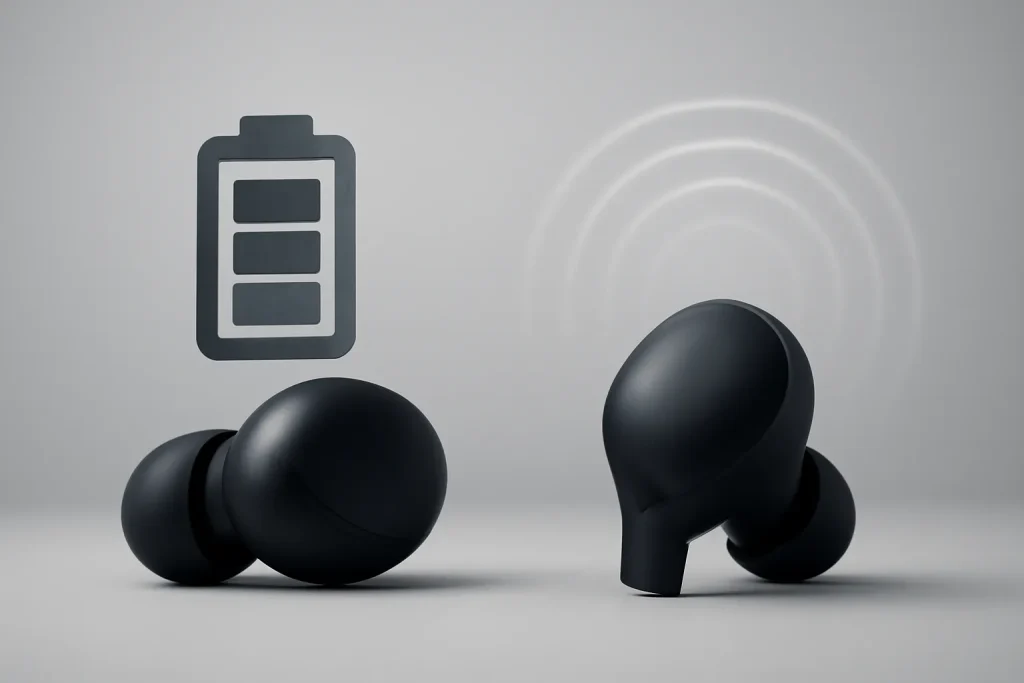 TAGRY X08 vs AirPods Pro 3: autonomia, ANC e melhor uso 2 Comparação TAGRY X08 vs AirPods Pro 3 com auriculares genéricos e símbolos de autonomia e controlo de ruído.