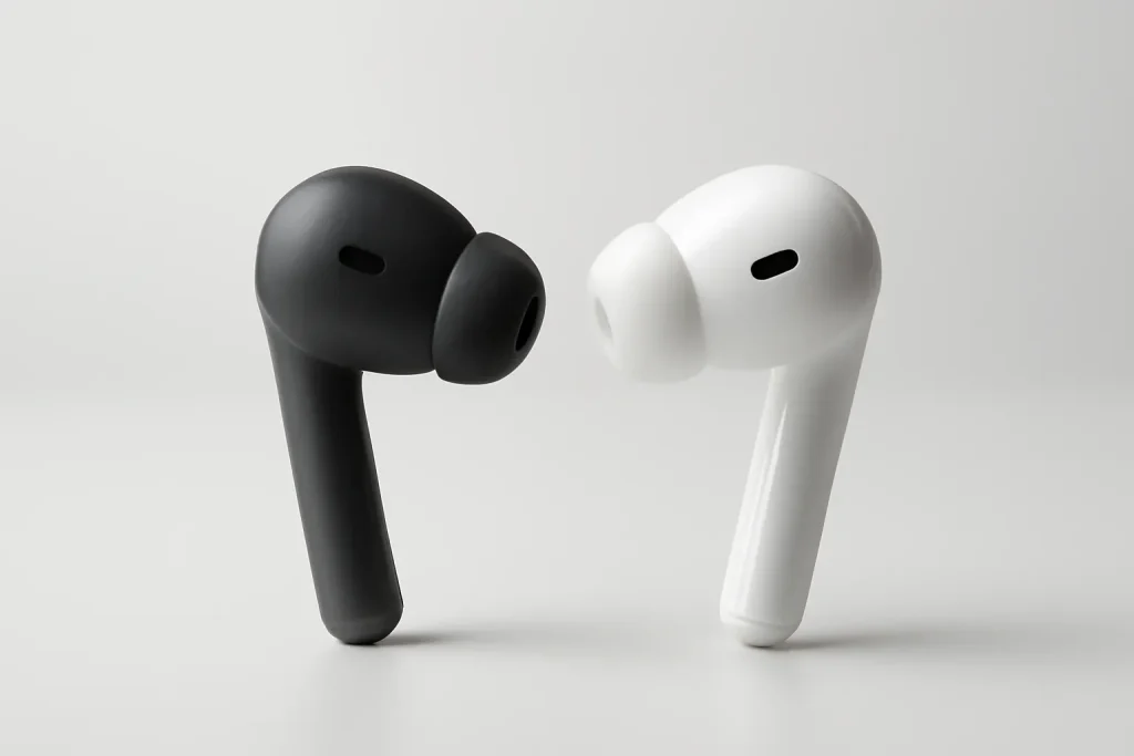 Samsung Galaxy Buds FE vs AirPods Pro 3: qual escolher? 2 Comparação Samsung Galaxy Buds FE vs AirPods Pro 3 com dois earbuds genéricos em fundo minimal.