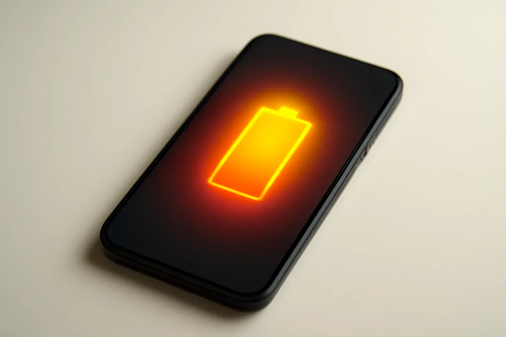 Ilustração simbólica sobre cuidar da bateria do telemóvel, com smartphone e calor representado por um brilho suave.