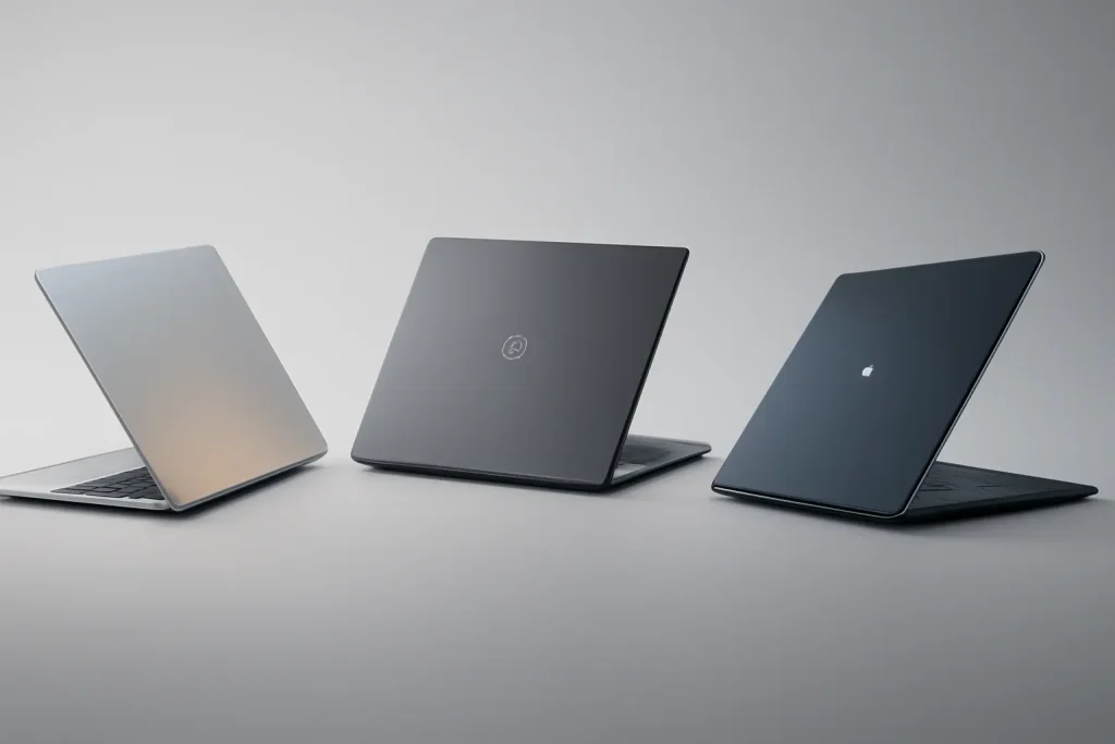 Composição minimalista com portáteis genéricos a simbolizar alternativas baratas Surface Laptop.