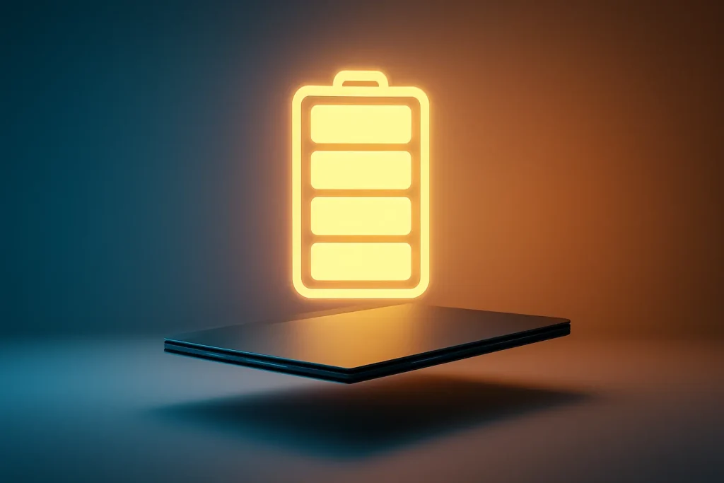 Ilustração simbólica de portáteis com melhor autonomia 2026 com um ícone de bateria abstrato em fundo minimal.