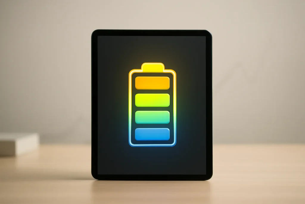 Ilustração simbólica de testes de bateria em tablets com tablet genérico e indicador de autonomia abstrato.