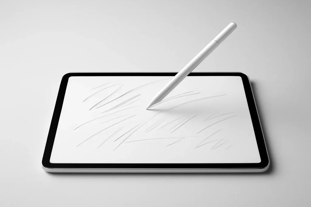 review Apple Pencil iPad: estilete genérico a pairar sobre um tablet, sugerindo notas e desenho.