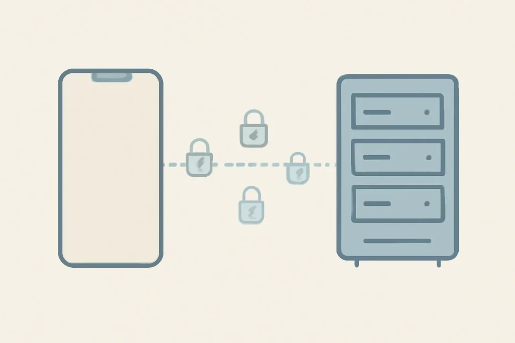 Diagrama simbólico de como usar VPN no iPhone, ligando o telemóvel a um servidor remoto através de um túnel cifrado.