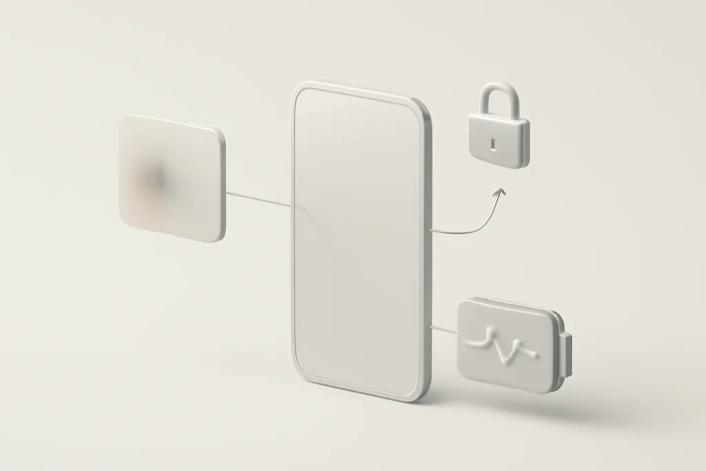 Definições iOS 26 iPhone: ajustes úteis de ecrã, bateria e AirPods 3 Esquema conceptual das definições iOS 26 iPhone: Always On, gesto da câmara e Adaptive Power.