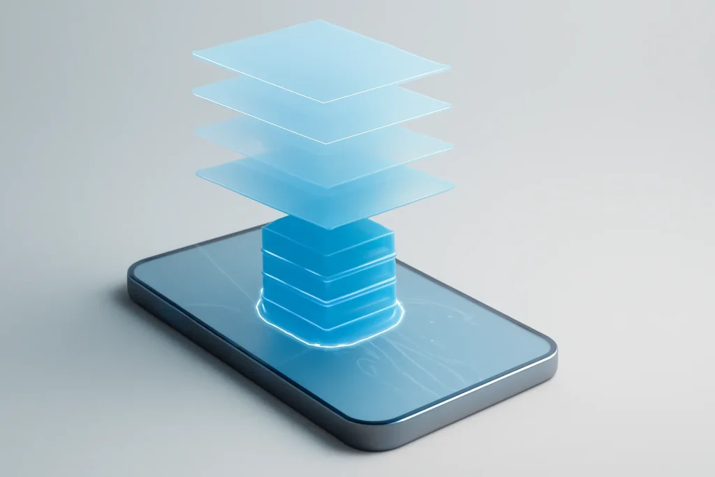 Como acelerar telemóvel Android lento: armazenamento, updates e animações 3 Metáfora visual de cache, armazenamento e atualizações para acelerar telemóvel Android lento.