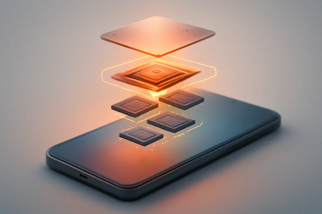 Telemóveis Android mais potentes que o Pixel 10 Pro: guia de compra 2026 3 Ilustração técnica simbólica de telemóveis Android mais potentes que o Pixel 10 Pro, com SoC, RAM e arrefecimento em camadas.