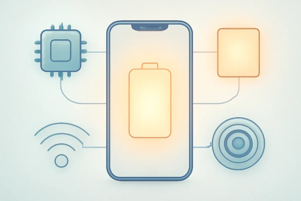 Bateria do iPhone 16 a durar pouco: porquê e como resolver 3 Diagrama abstrato das fontes de drenagem da bateria iPhone 16: IA, ecrã, rede móvel e processamento de câmara.