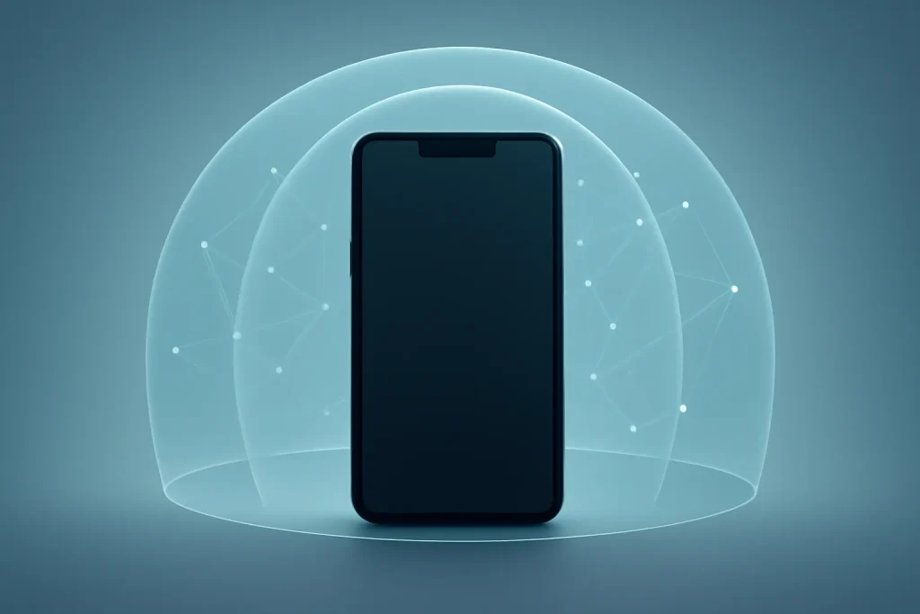 Metáfora visual do Punkt MC03 smartphone minimalista com compartimentação de apps e camadas de privacidade.