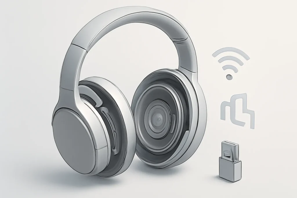 Esquema técnico de auscultadores com driver e dongle, na análise Sennheiser HDB 630.