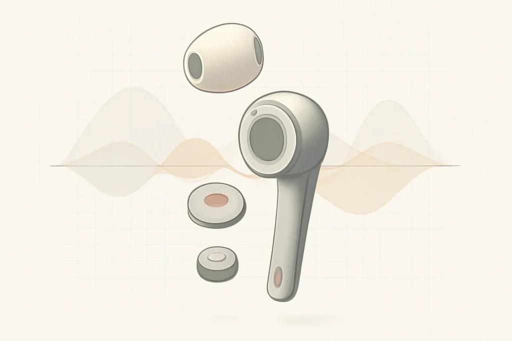 TAGRY X08 vs AirPods Pro 3: autonomia, ANC e melhor uso 3 Ilustração técnica TAGRY X08 vs AirPods Pro 3 com driver, microfones e ondas a representar ANC e isolamento passivo.