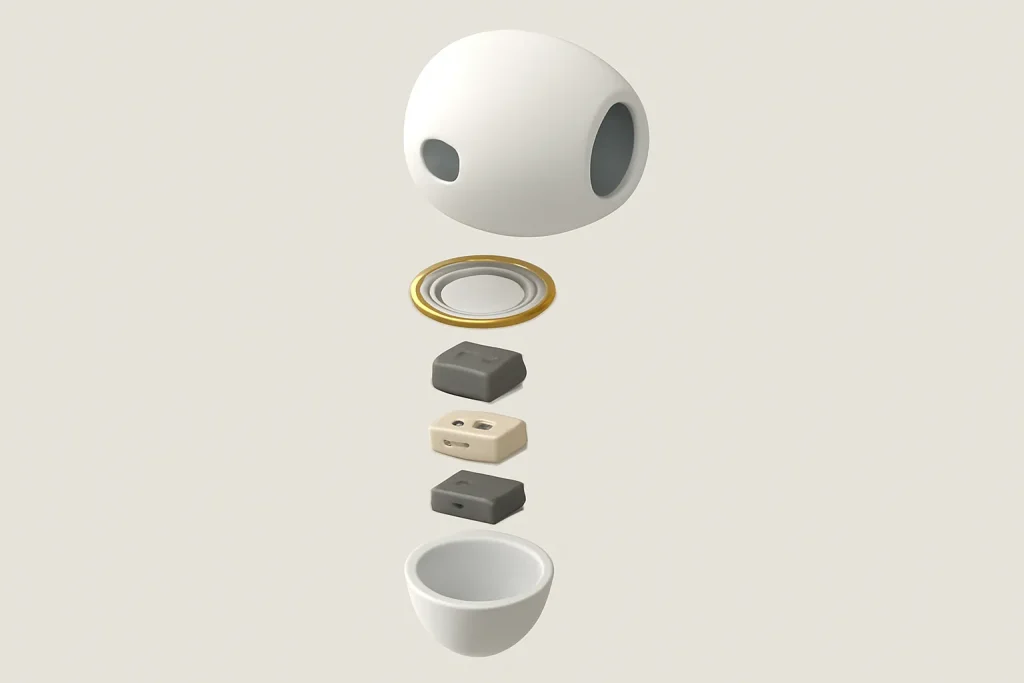 Samsung Galaxy Buds FE vs AirPods Pro 3: qual escolher? 3 Esquema simbólico de componentes e processamento em Samsung Galaxy Buds FE vs AirPods Pro 3.