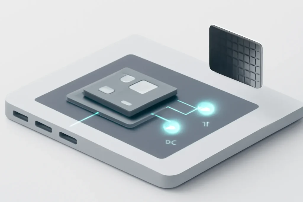 Ilustração técnica de chip e NPU com ecrã OLED, para alternativas baratas Surface Laptop.