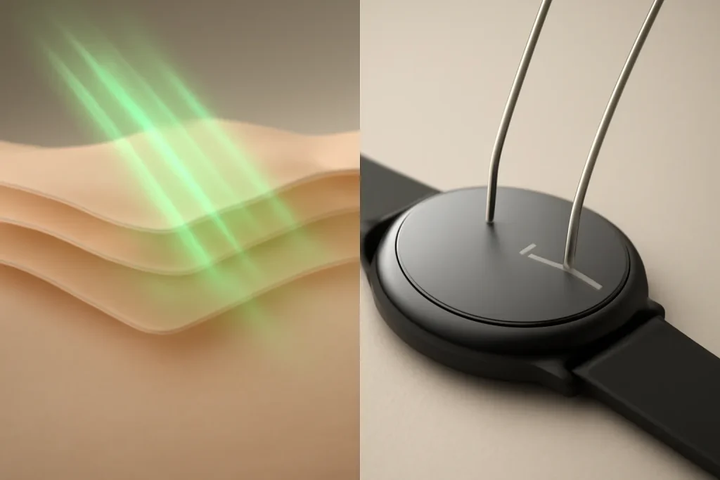 Esquema simbólico de PPG e ECG no pulso para Apple Watch detetar fibrilhação auricular.