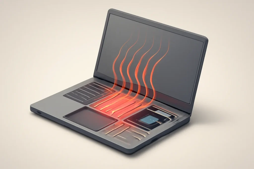 Diagramma concettuale di un portatile senza ventola con dissipazione passiva del calore, nel contesto della recensione del MacBook Air 2024.