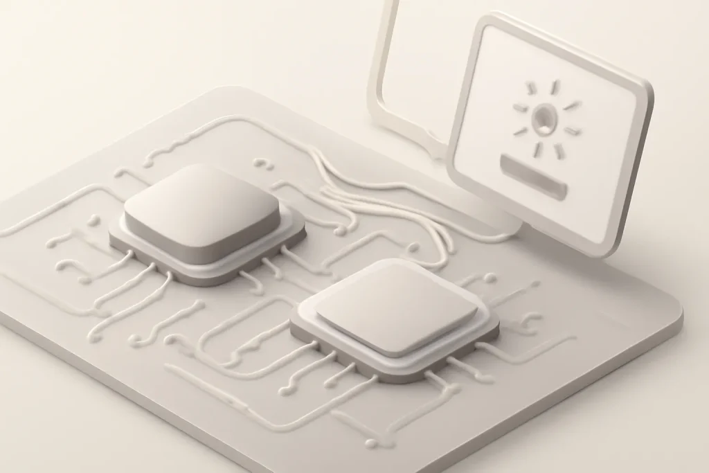 Diagrama abstrato sobre como CPU e ecrã influenciam portáteis com melhor autonomia 2026 (eficiência energética).
