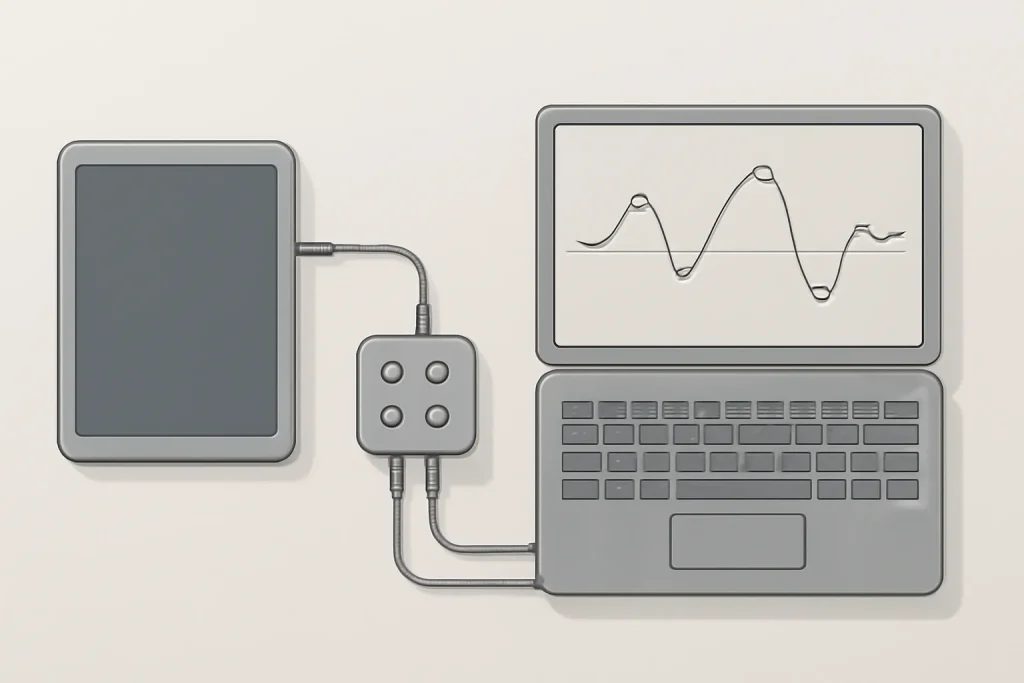 Cena técnica de testes de bateria em tablets com instrumentação genérica e sinais de medição abstratos.
