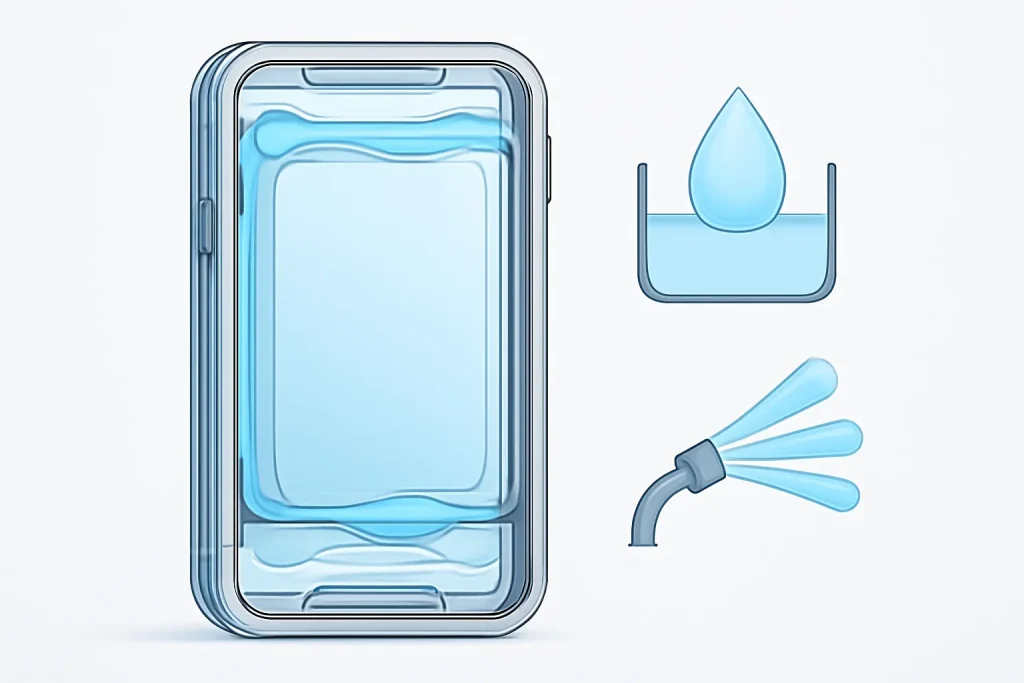 Esquema abstrato de vedantes e testes de água, explicando IP68/IP69 em telemóveis Android à prova de água.