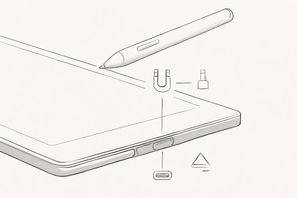 review Apple Pencil iPad: ilustração técnica simbólica de compatibilidade, carregamento e gestos num estilete para tablet.