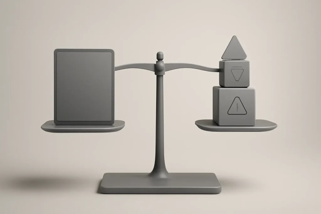 iPad Pro substitui portátil: desempenho e produtividade em mobilidade 4 Balança simbólica de risco-benefício para decidir se iPad Pro substitui portátil no dia a dia.